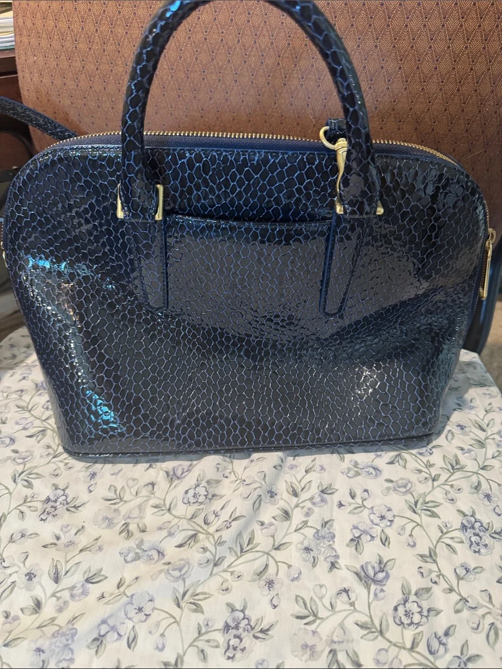 Brahmin Navy Snake-Embossed Satchel with Gold Hardware
